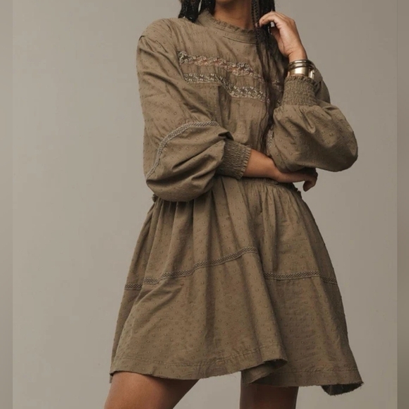 Anthropologie Dresses & Skirts - Anthropologie Pilcro Long Sleeve Mock Neck Swing Mini Dress in Green Brown M New